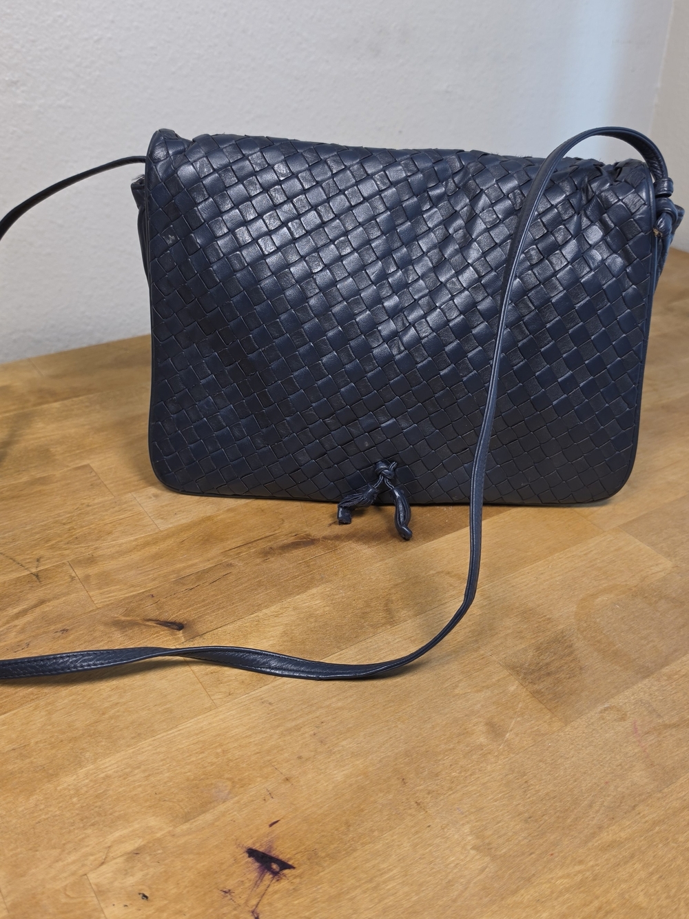 MEYERS Vintage Navy Woven Leather Flap Crossbody Bag Braided Made In USA OS